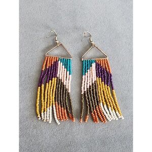 ZAD Signed Muted Chevron Earrings Glass Seed Beads Retro Copper Tone FREE‎ $HIP!